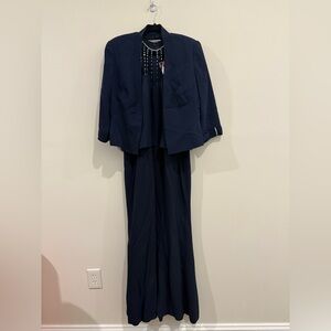 Daymor Couture Long Formal Navy Dress with diamond halter neck & blazer/size 14